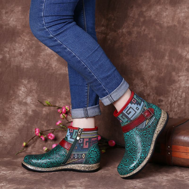 Retro Kvinnors Gröna Präglade Äkta Läder Mjuka Platta Dragkedjor Ankelboots