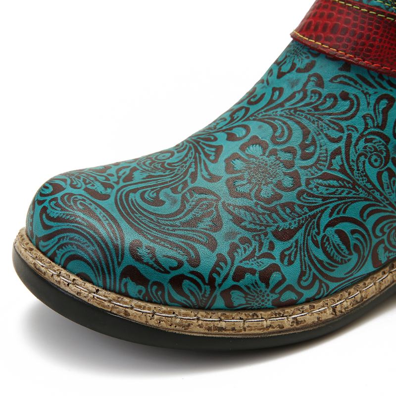 Retro Kvinnors Gröna Präglade Äkta Läder Mjuka Platta Dragkedjor Ankelboots