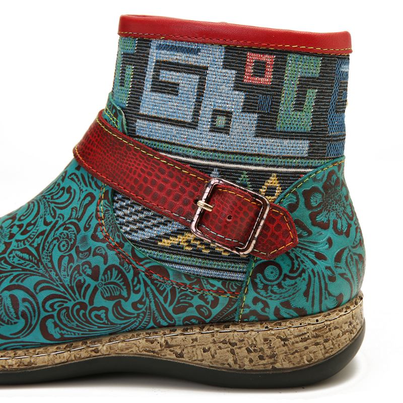 Retro Kvinnors Gröna Präglade Äkta Läder Mjuka Platta Dragkedjor Ankelboots