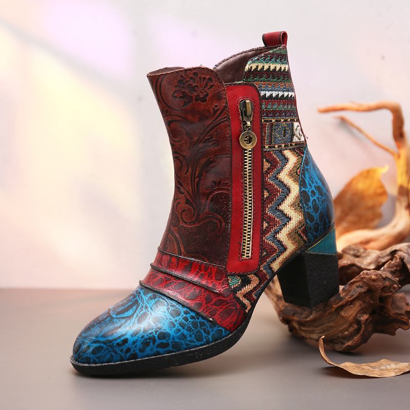 Retro Läder Embosed Blommor Splicing Folkways Style Dubbelsidig Blixtlås Casual Boots
