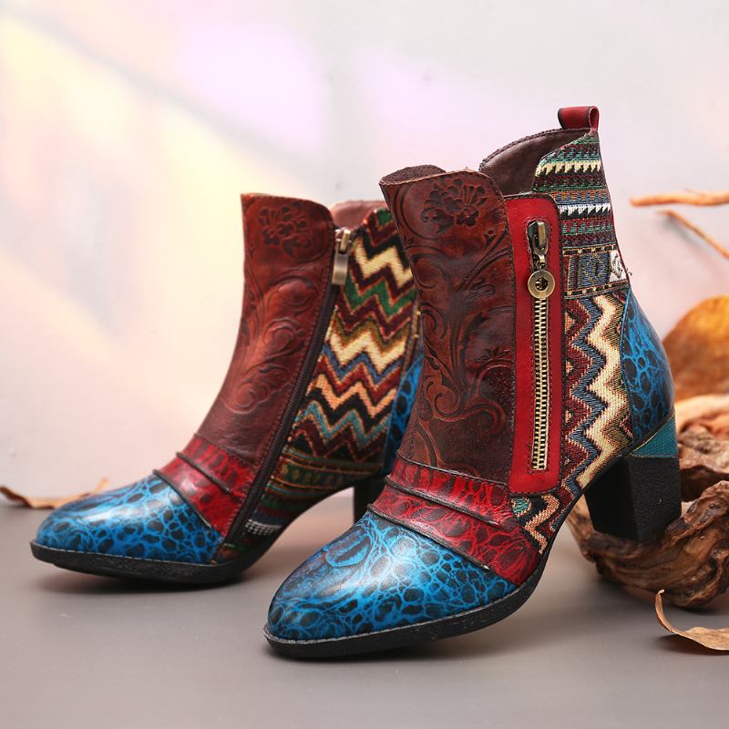Retro Läder Embosed Blommor Splicing Folkways Style Dubbelsidig Blixtlås Casual Boots