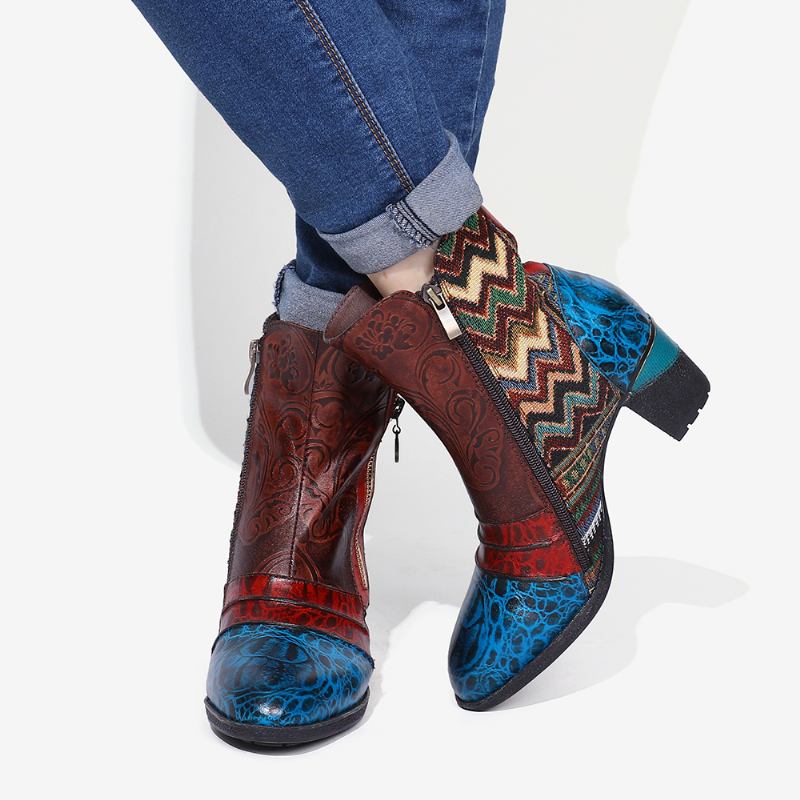 Retro Läder Embosed Blommor Splicing Folkways Style Dubbelsidig Blixtlås Casual Boots