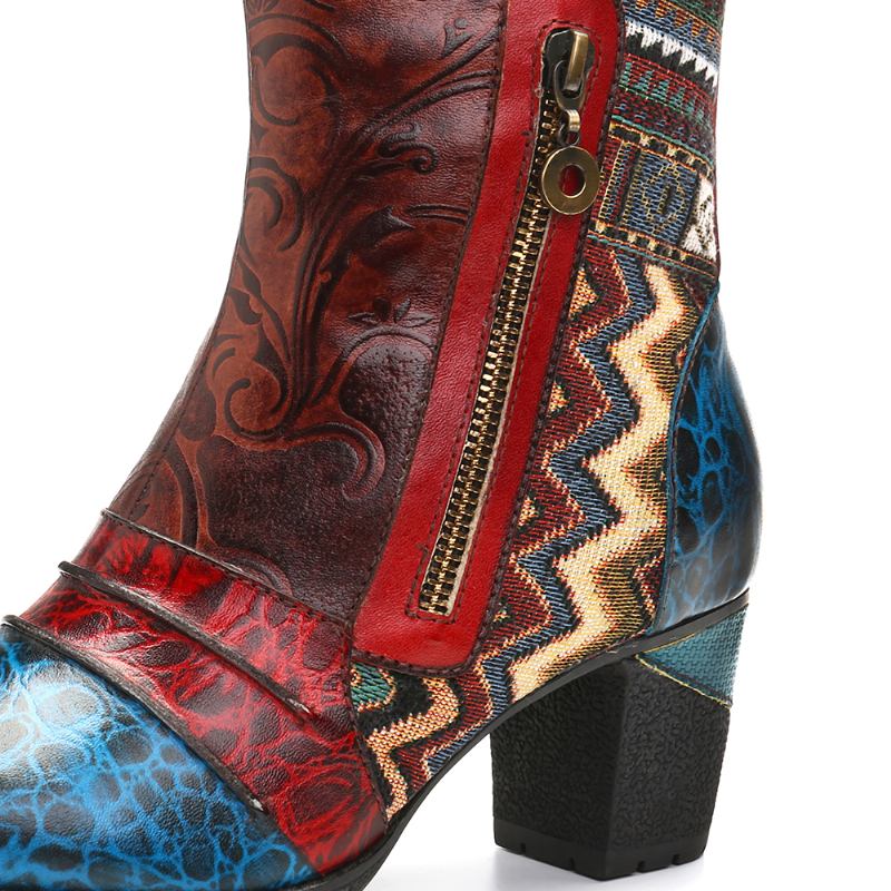 Retro Läder Embosed Blommor Splicing Folkways Style Dubbelsidig Blixtlås Casual Boots