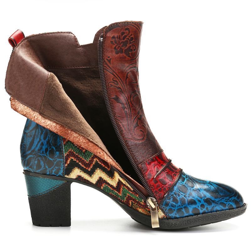 Retro Läder Embosed Blommor Splicing Folkways Style Dubbelsidig Blixtlås Casual Boots