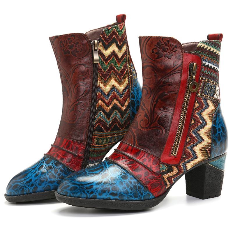 Retro Läder Embosed Blommor Splicing Folkways Style Dubbelsidig Blixtlås Casual Boots
