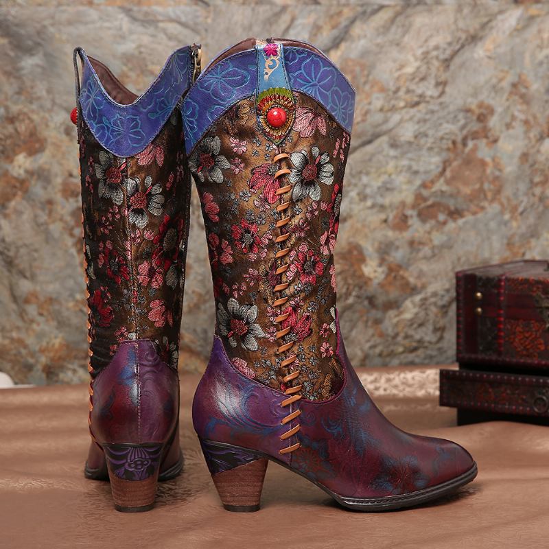 Retro Solblomma Handgjorda Äkta Lädersömmar Mid Calf Western Stövlar