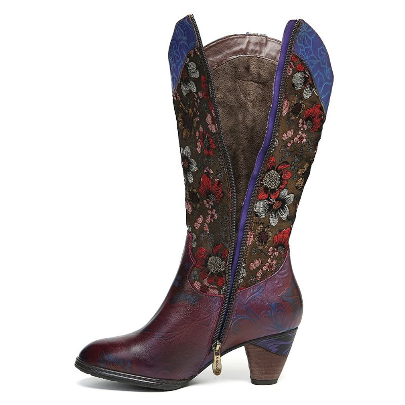 Retro Solblomma Handgjorda Äkta Lädersömmar Mid Calf Western Stövlar