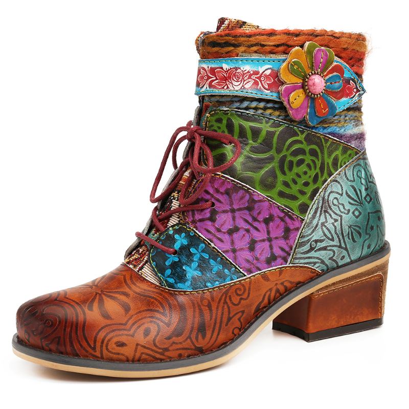 Skarvmönster Blommor Deco Block Häl Justerbar Dragkedja Ankel Boots