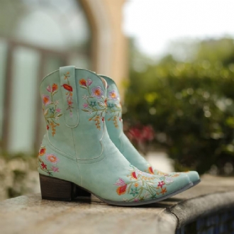 Stor Storlek Kvinnor Retrobroderad Spetsad Tå Chunky Heel Slip On Cowboy Boots