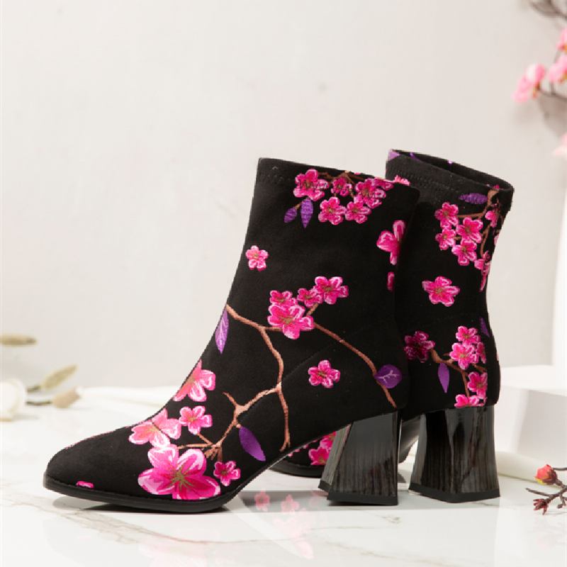 Underbara Plommontryckta Mocka Mode Elastiska Slip On Chunky Heel Short Boots