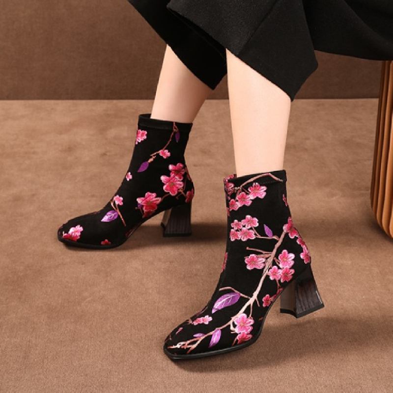 Underbara Plommontryckta Mocka Mode Elastiska Slip On Chunky Heel Short Boots