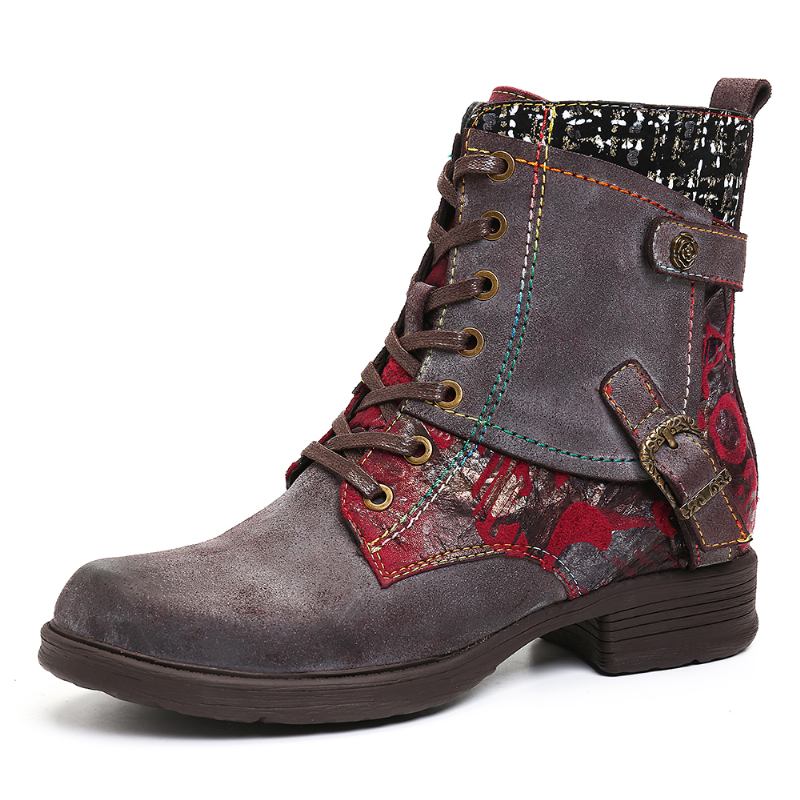 Vinter Varmfodrad Splicing Drace-up Dragkedja Rund Tå Block Heel Combat Boots