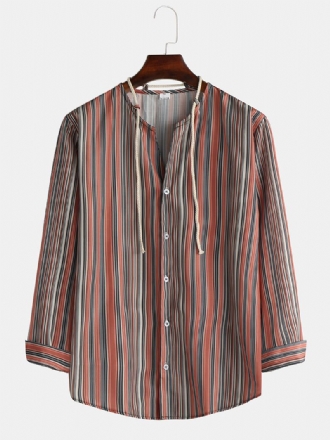Färgglada Stripe Mode Långärmade Casual Skjortor Med Dragsko