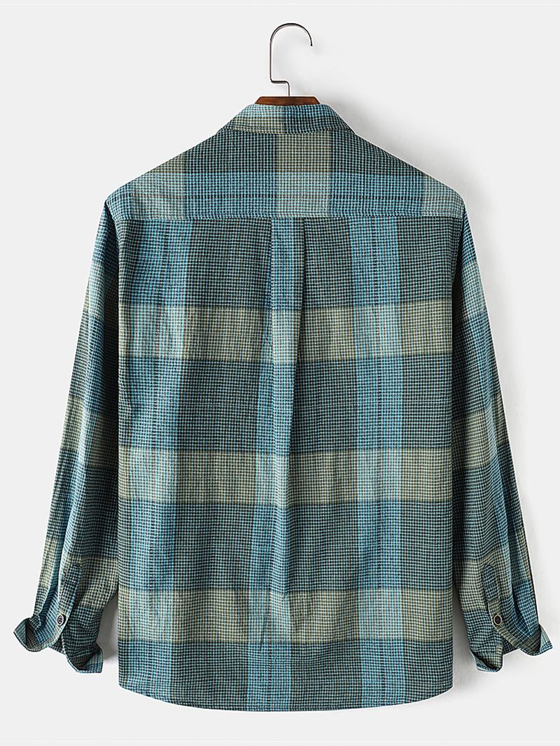 Herr 100% Bomull Färgglada Plädar Långärmade Casual Skjortor Med Fickor