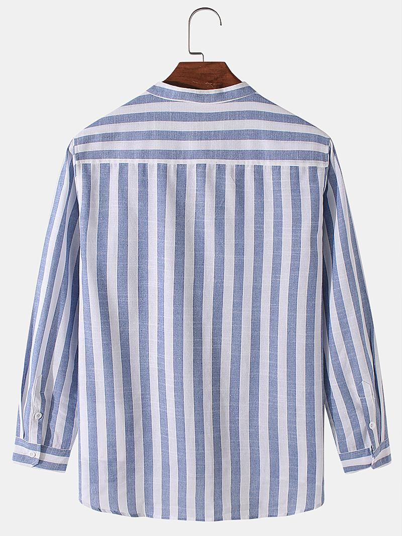 Herr Basic Randig Bomull Hög Låg Fåll Stativ Krage Casual Långärmade Henley Skjortor