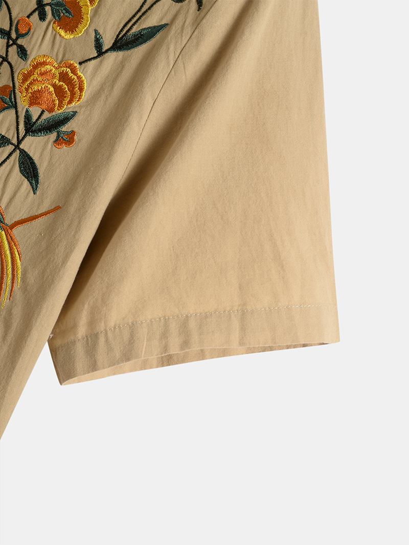 Herr Bomull Andas Blommiga Broderade Button Up Casual Skjortor