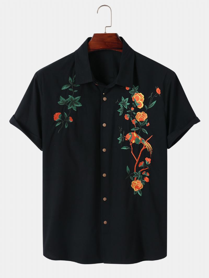 Herr Bomull Andas Blommiga Broderade Button Up Casual Skjortor