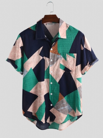 Herr Bomull Oregelbundna Geometriska Tryck Färg Block Patch Pocket Casual Skjortor