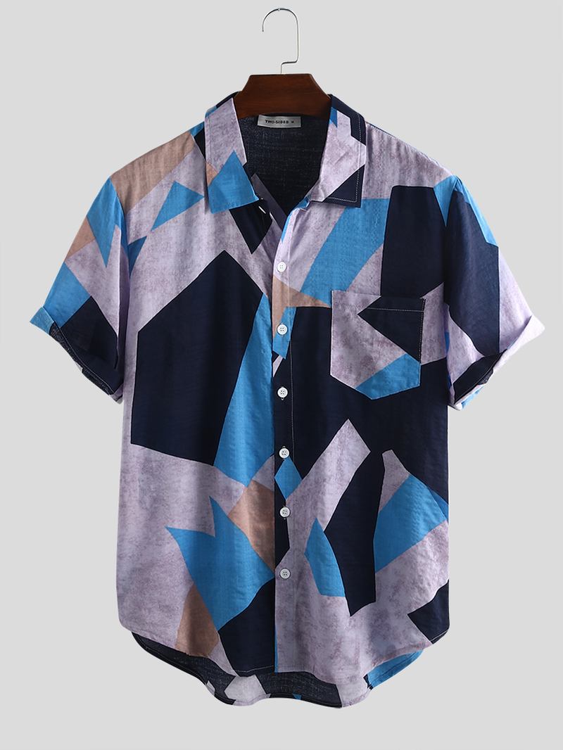 Herr Bomull Oregelbundna Geometriska Tryck Färg Block Patch Pocket Casual Skjortor