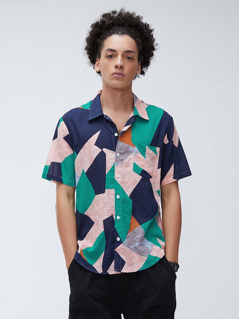 Herr Bomull Oregelbundna Geometriska Tryck Färg Block Patch Pocket Casual Skjortor