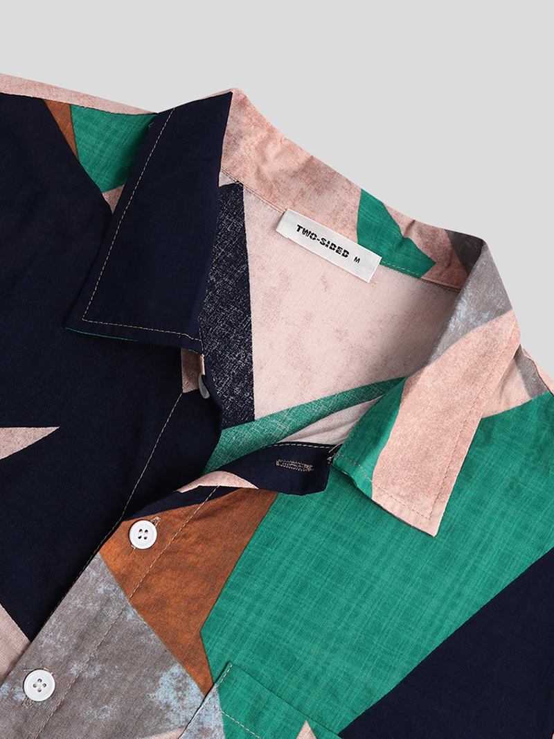 Herr Bomull Oregelbundna Geometriska Tryck Färg Block Patch Pocket Casual Skjortor