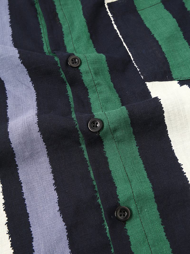Herr Bomullsrandig Turn Down Krage Kortärmade Skjortor Shorts Two Pieces