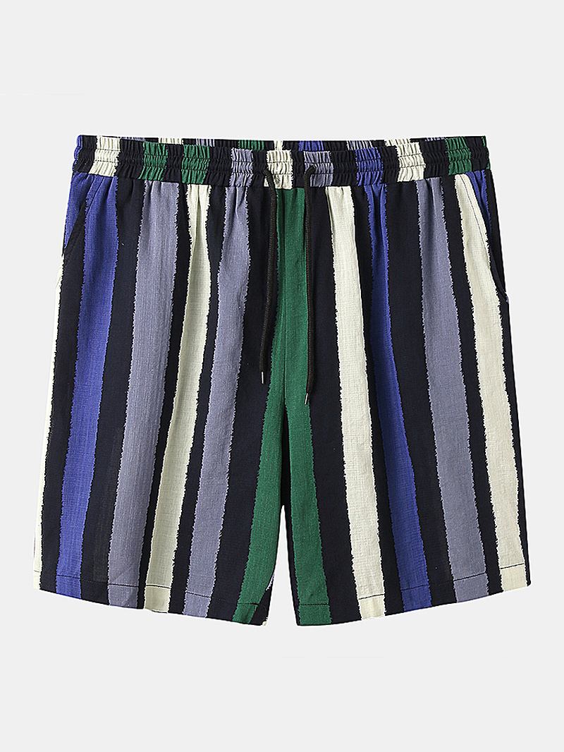 Herr Bomullsrandig Turn Down Krage Kortärmade Skjortor Shorts Two Pieces