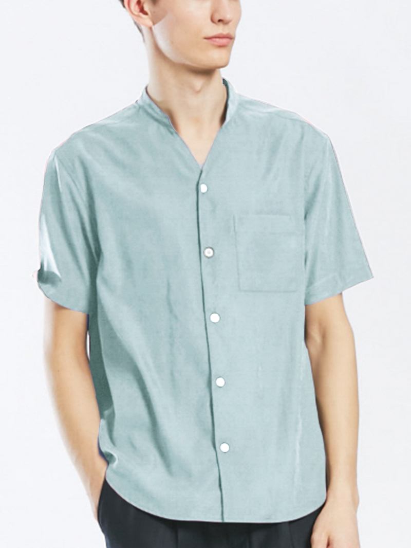 Herr Casual Stand Collar Praktisk Pocket Kortärmad Skjorta