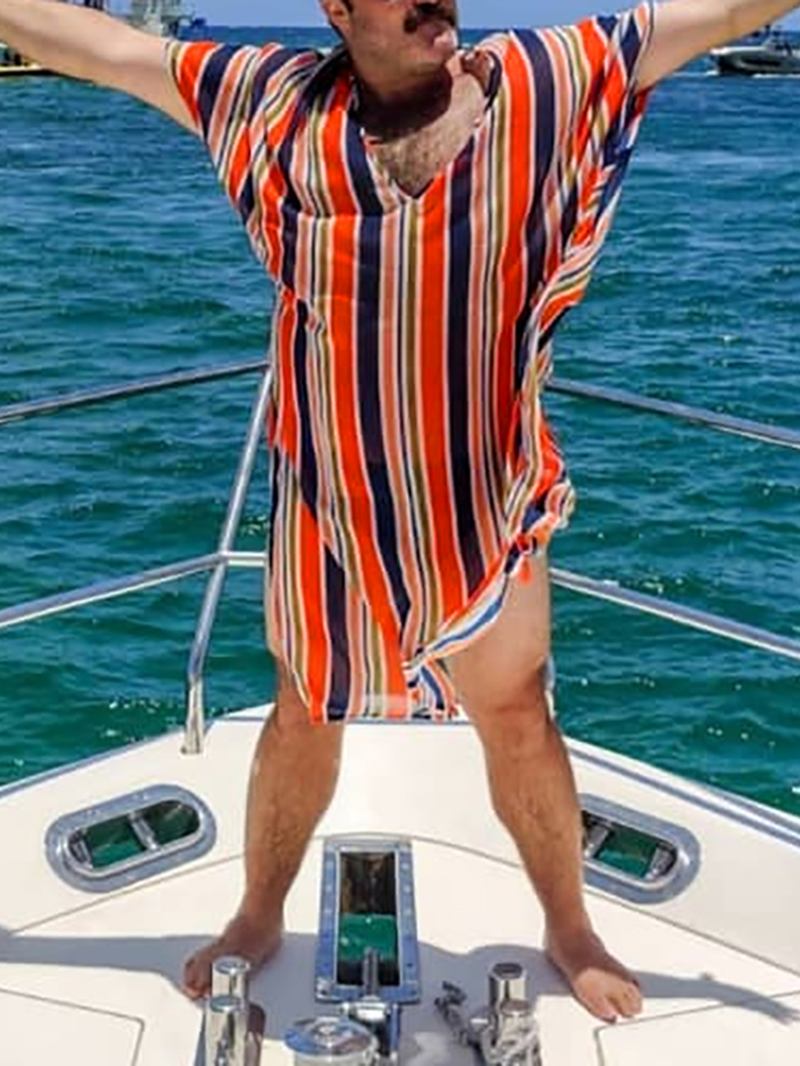 Herr Casual V-hals Randig Lös Kaftan