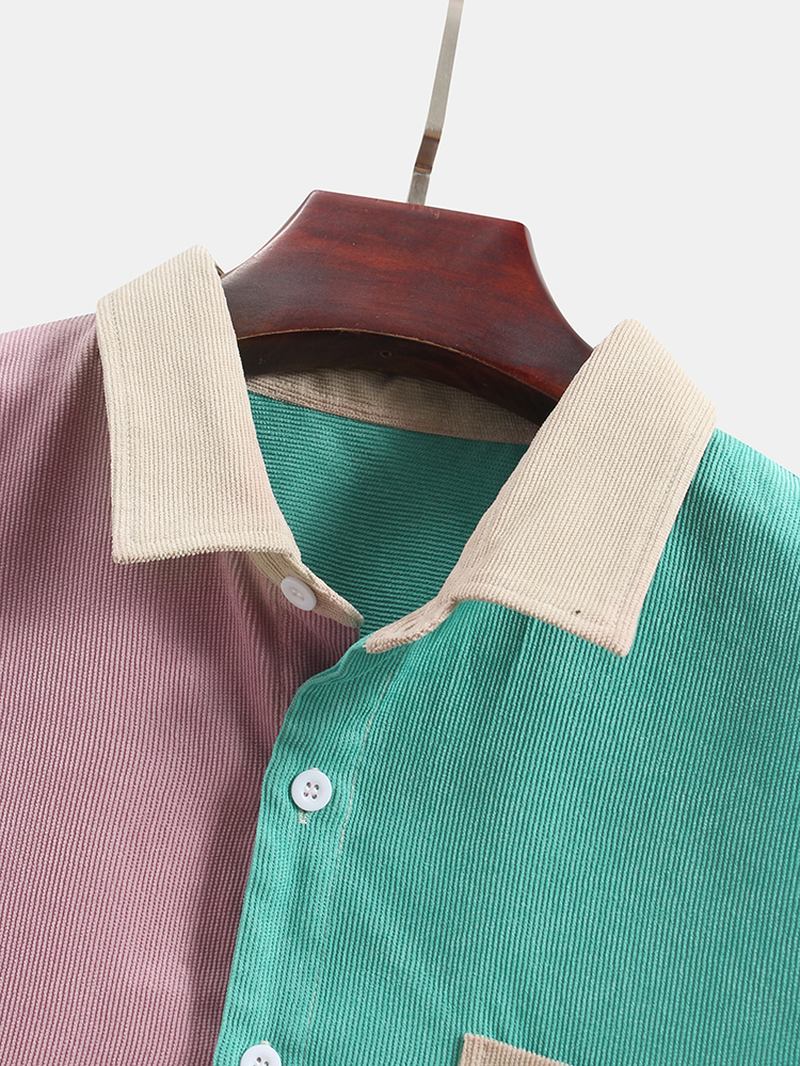 Herr Corduroy Colorblock Patchwork Casual Långärmade Skjortor Med Ficka