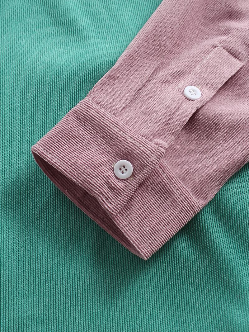 Herr Corduroy Colorblock Patchwork Casual Långärmade Skjortor Med Ficka