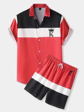 Herr Crown K Poker Colorblock Panel Med Tryck Skjortor Tvådelade Outfits