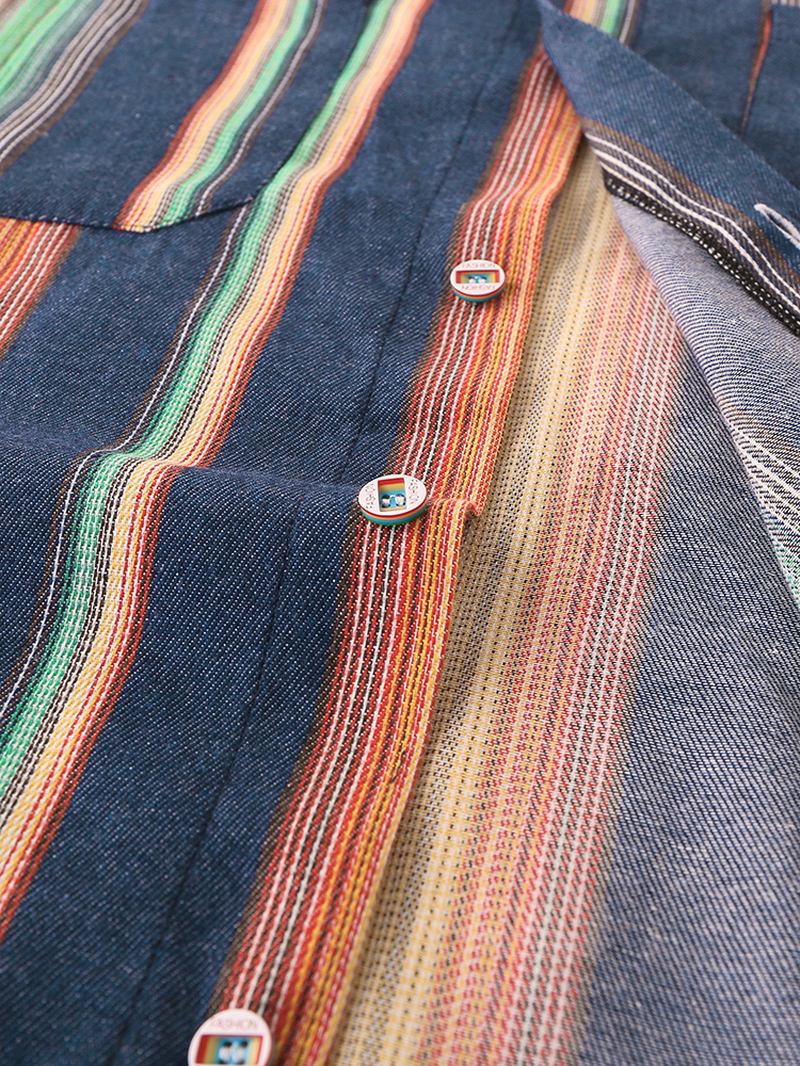 Herr Designer Gradient Colorful Stripe Dubbla Fickor Kortärmade Casual Shirts