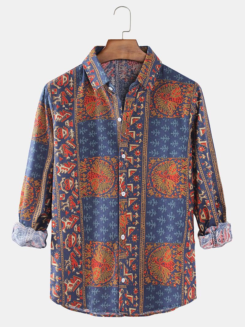 Herr Etnisk Stil Med Tryck Lapel Collar Button Up Långärmade Vintage Skjortor