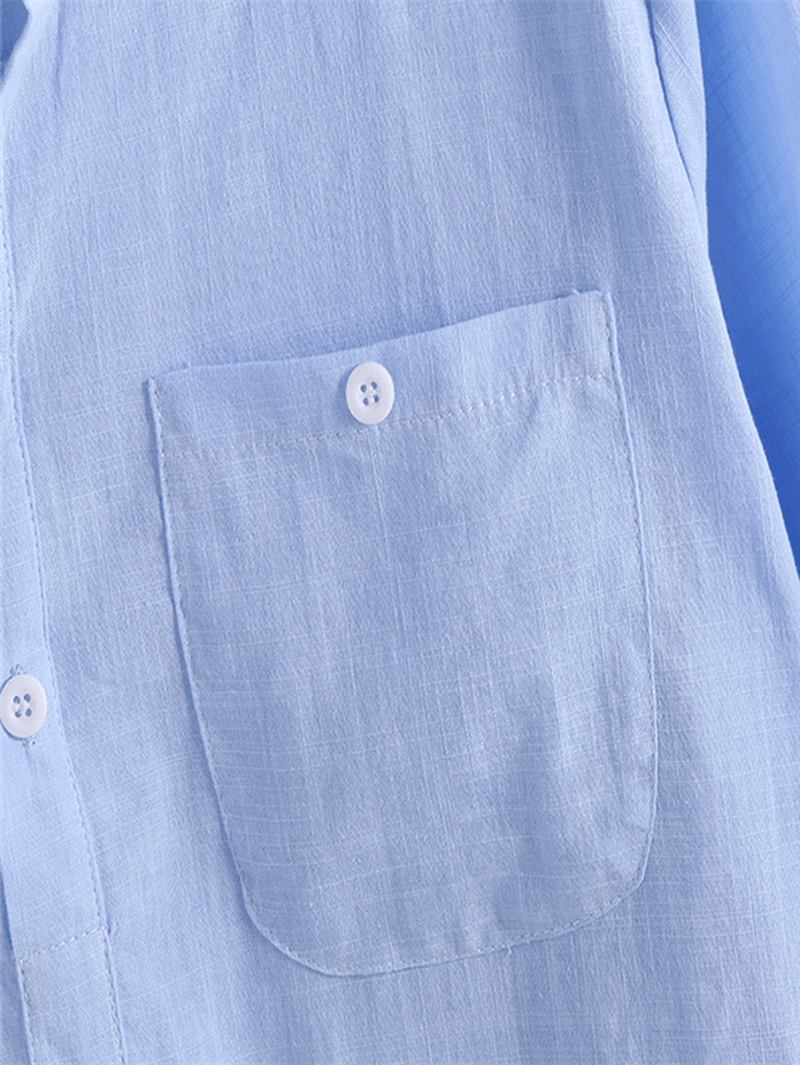 Herr Linne Casual Roll Sleeve Lösa Knappar Pullover Henley Shirts