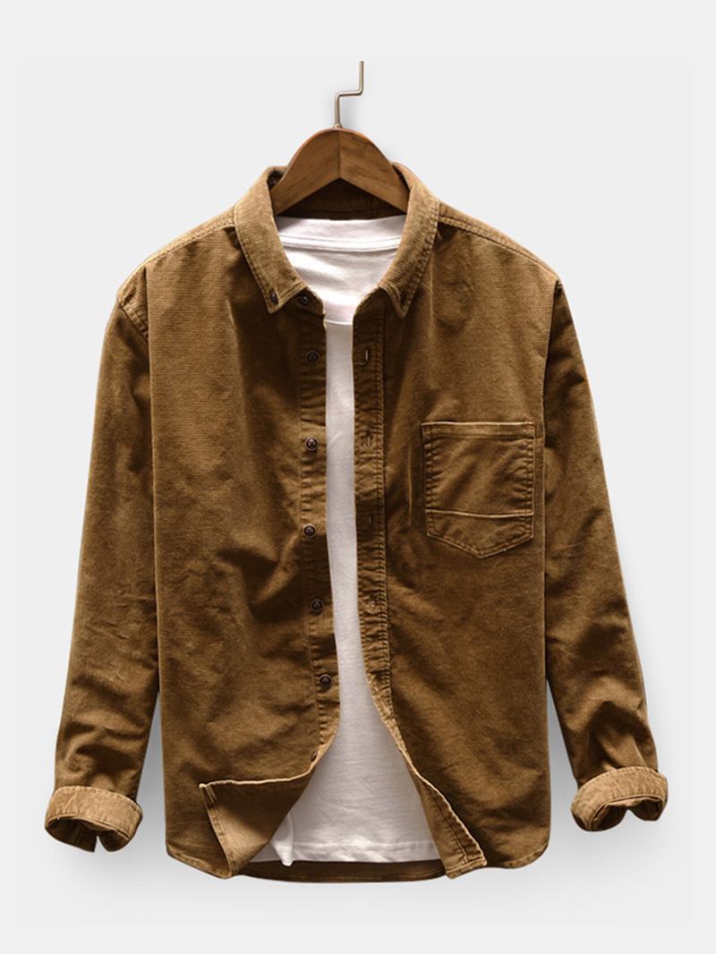 Herr Manchester Patch Pocket Turndown-krage Långärmade Vintage Skjortor