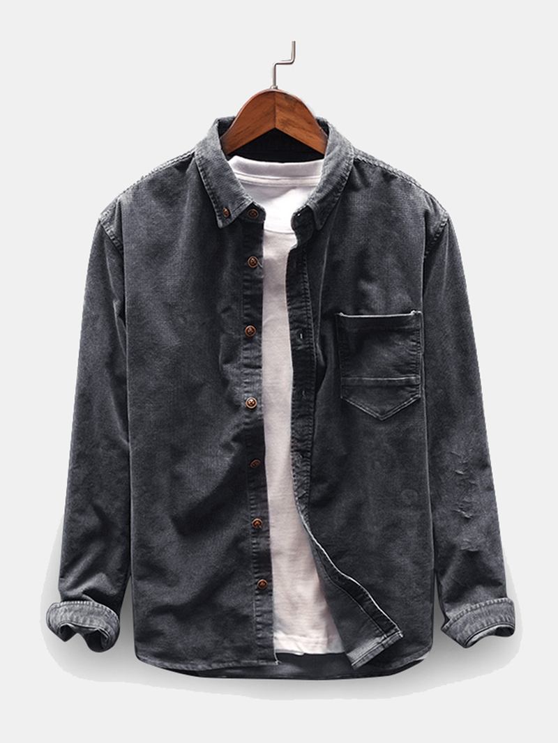 Herr Manchester Patch Pocket Turndown-krage Långärmade Vintage Skjortor