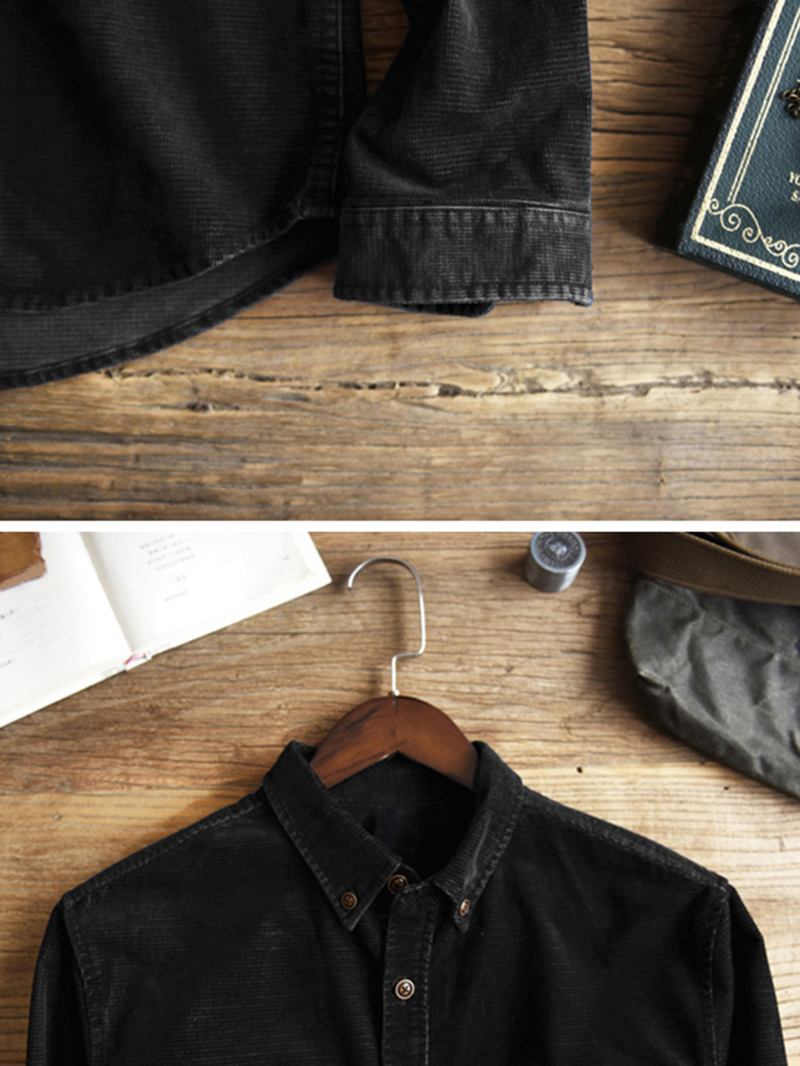 Herr Manchester Patch Pocket Turndown-krage Långärmade Vintage Skjortor