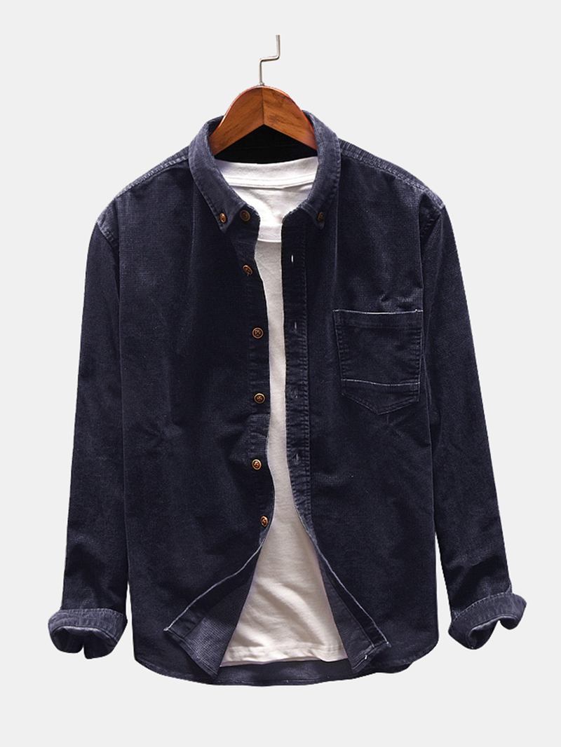 Herr Manchester Patch Pocket Turndown-krage Långärmade Vintage Skjortor