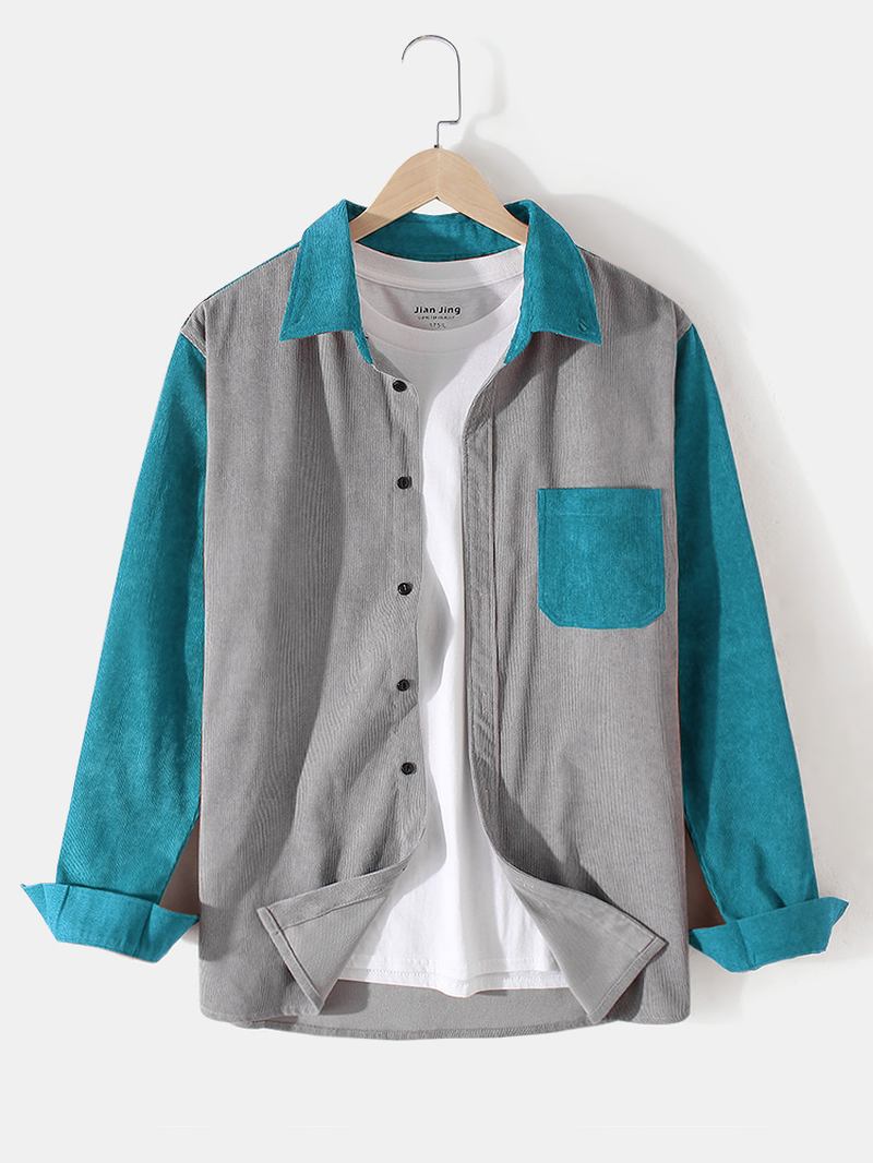 Herr Patchwork Corduroy Färg Block Lapel Långärmade Skjortor