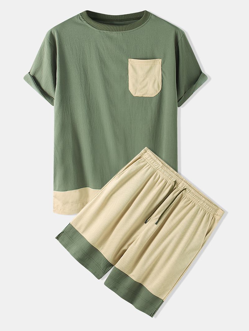 Herr Patchwork Crew Neck Kortärmad T-shirt Shorts Two Pieces