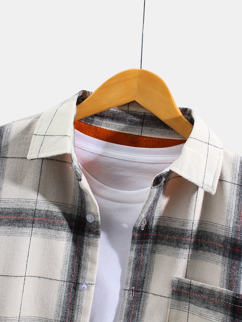Herr Rutig Button Up Warm Thicken Shirts Med Bröstficka