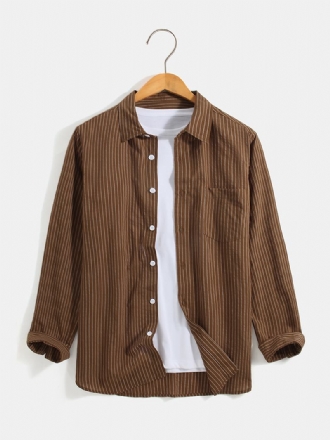 Herr Stripe Lapel Collar Långärmad Bomull Andas Skjortor