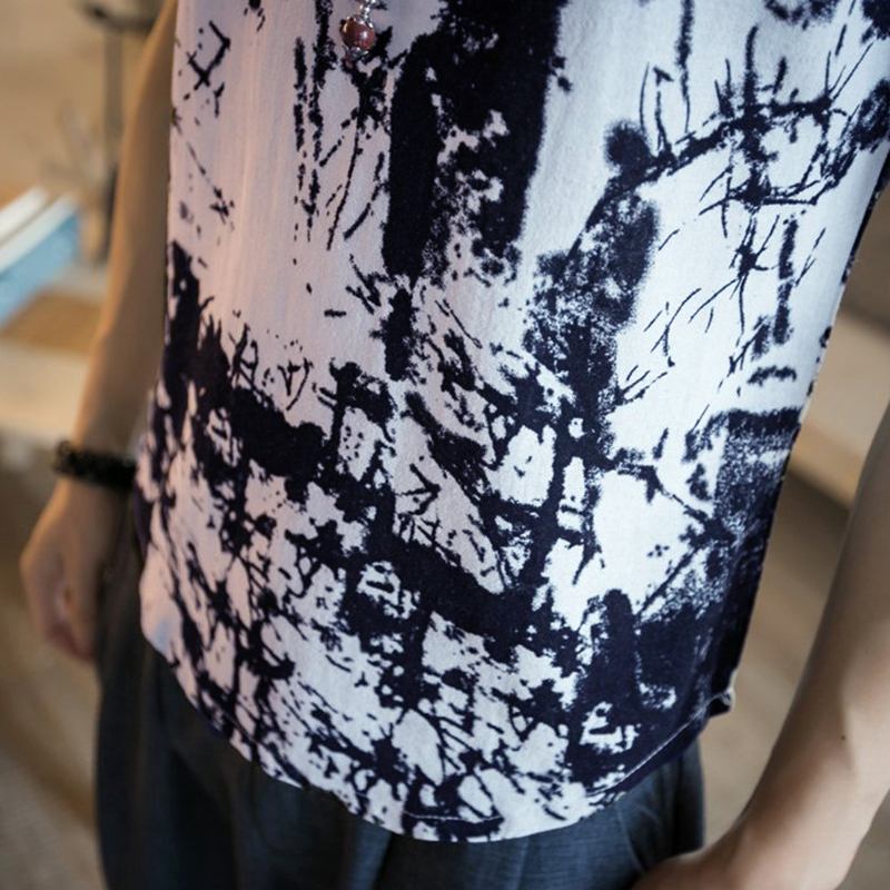 Herr V-hals Bläcktryck Kinesisk Stil Casual Bomull Kortärmade Toppar Tees