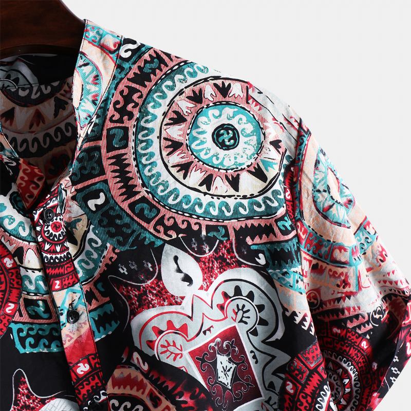 Herr Vintage Mönstertryck Kortärmade Henley Skjortor
