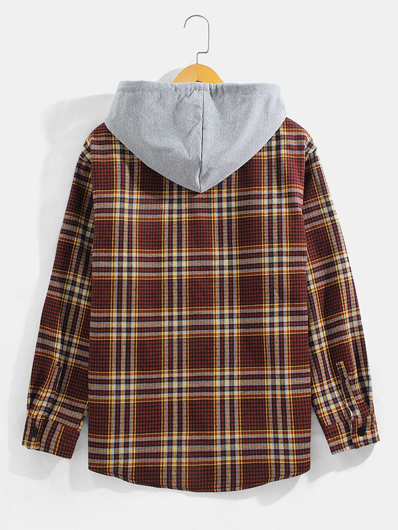 Herr Vintage Rutig Bröstficka Varm Plyschfodrad Tjocka Långärmade Huvtröjor