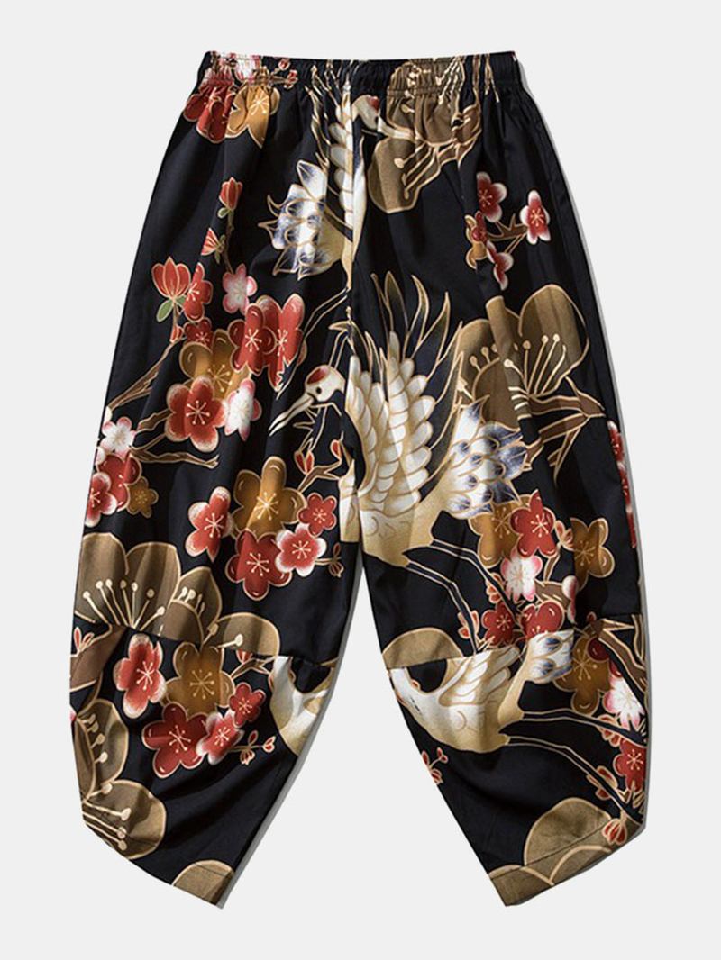 Japansk Kimono Crane Blommatryck För Män Öppen Front & Byxor Co-ords