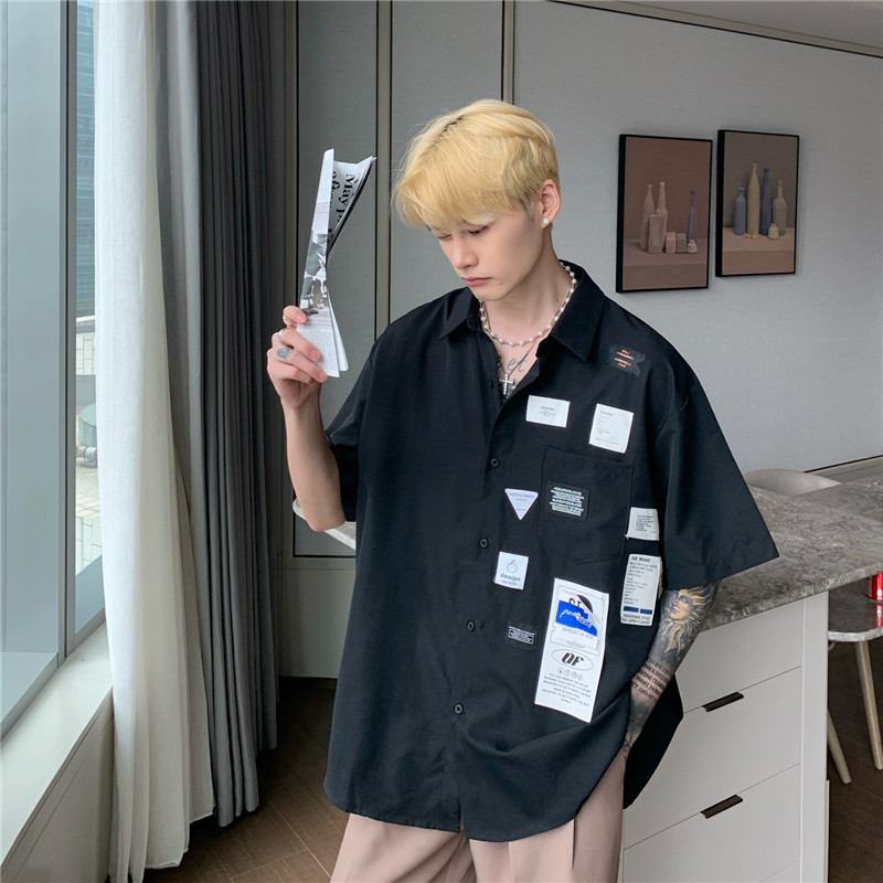 Kortärmad Skjorta För Män Med Personlig Etikett I Koreansk Stil