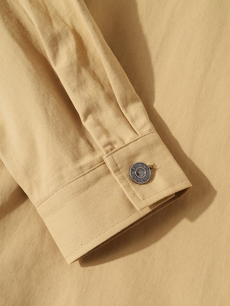 Män 100% Bomull Lapel Solid Button Up Dubbla Fickor Ren Långärmade Fritidsskjortor
