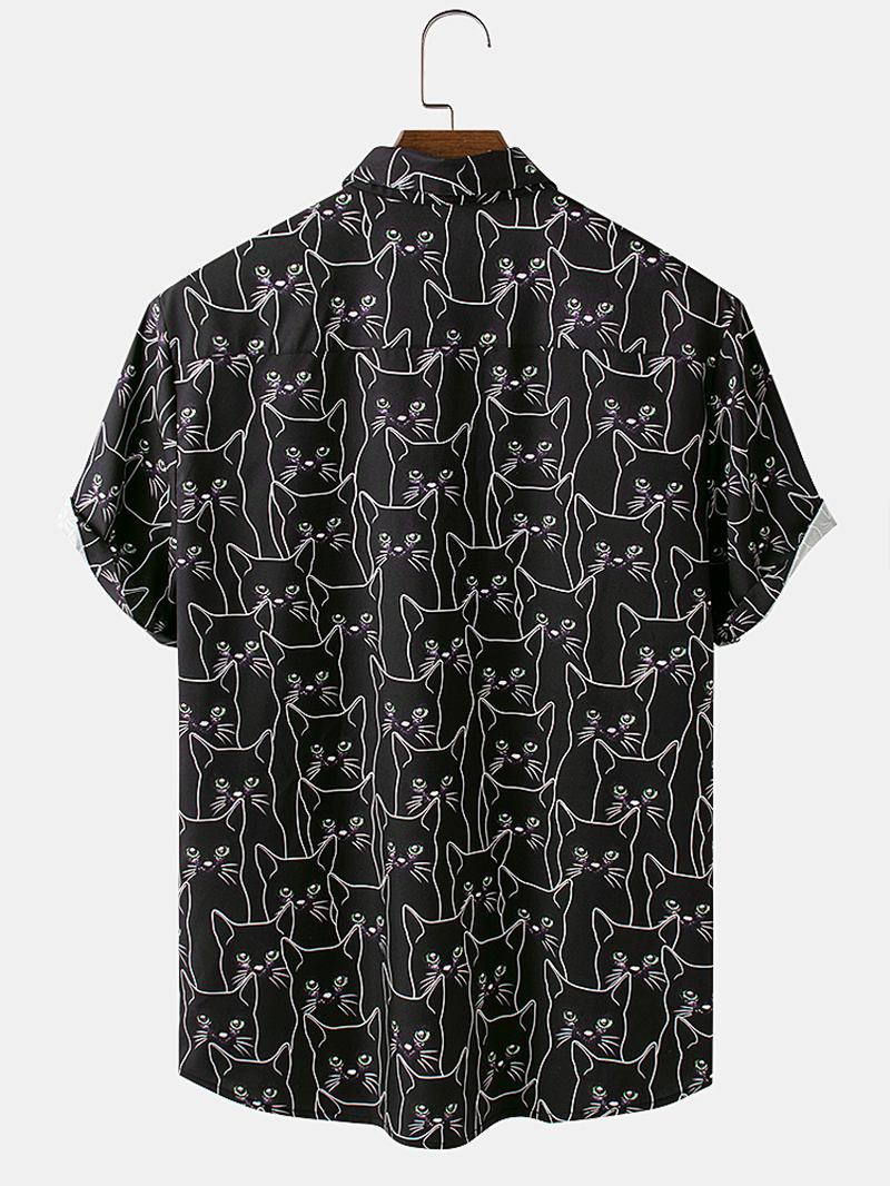 Män Cartoon Black Katt Med Tryck Light Casual Kortärmade Skjortor